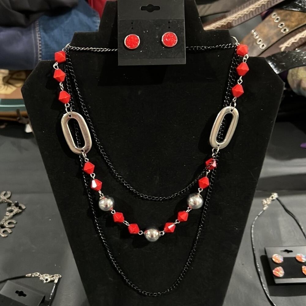 BEADED Necklace Red Earring Set